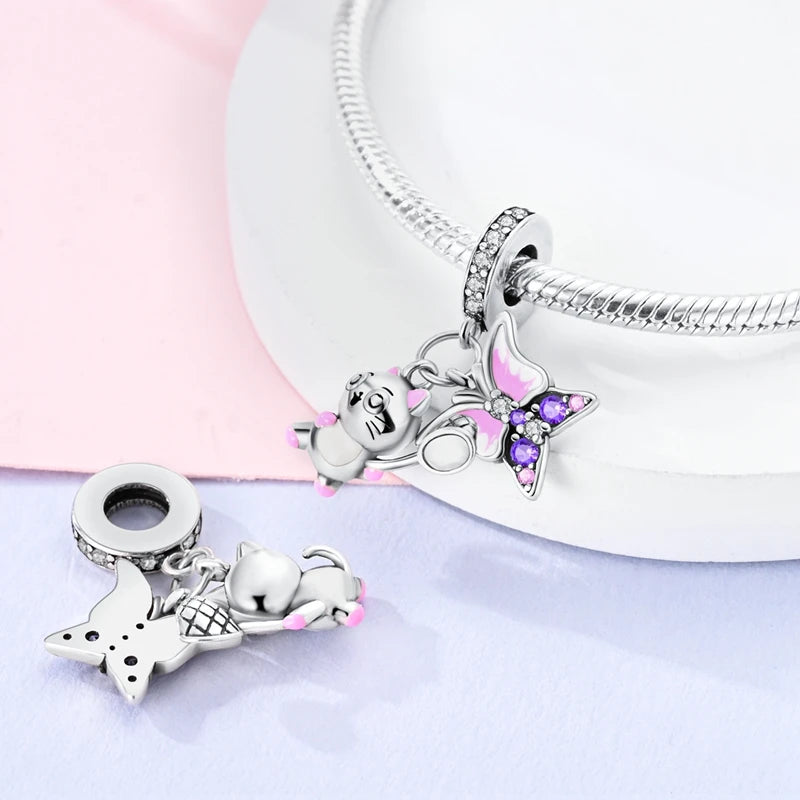 Cute Cat & Dog Charms Beads Pendant 925 Sterling Silver Fit DIY Bracelets Gift