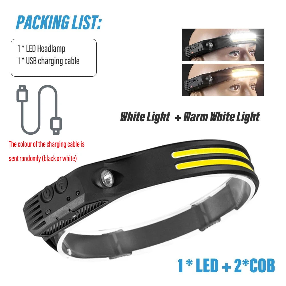 Induction Headlamp COB LED Sensor Head Lamp Built-in Battery Flashlight USB Rechargeable Head Torch 5 Lighting Modes Headlight