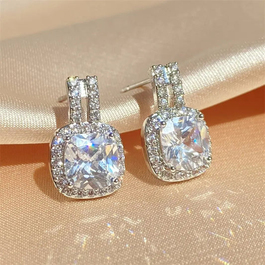 Luxury White Cubic Zirconia Square Silver Color Stud Earrings for Women Shinny Statement Party Jewelry