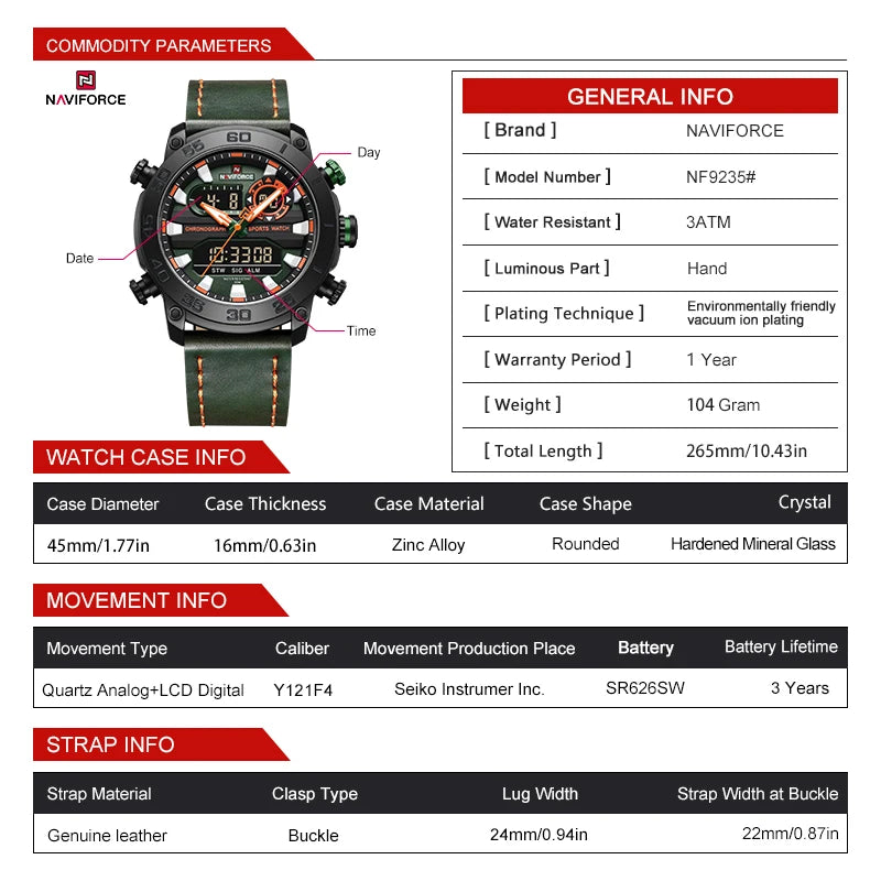 Men Digital Watch Military Style Sports Watches Dual Display Waterproof Electronic Quartz Wristwatch