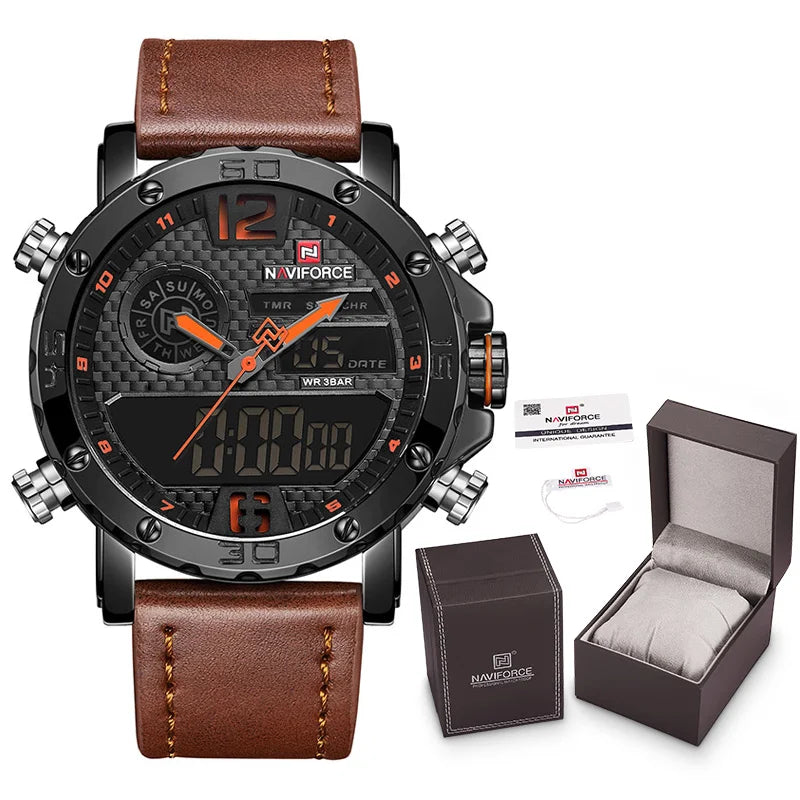 Mens Watches  Men Leather Sports Watches Men's Quartz LED Digital Waterproof Military Wrist Watch