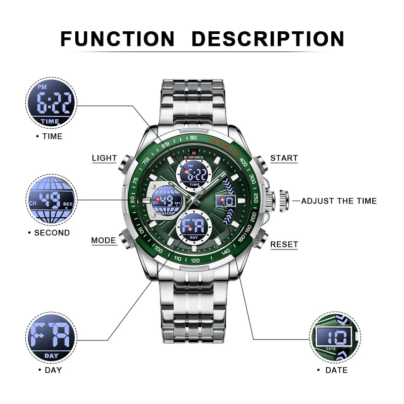 New Fashion Watches for Men Analog Digital 3ATM Waterproof Stainless steel Wrist Watch LED Luminous Men Watch