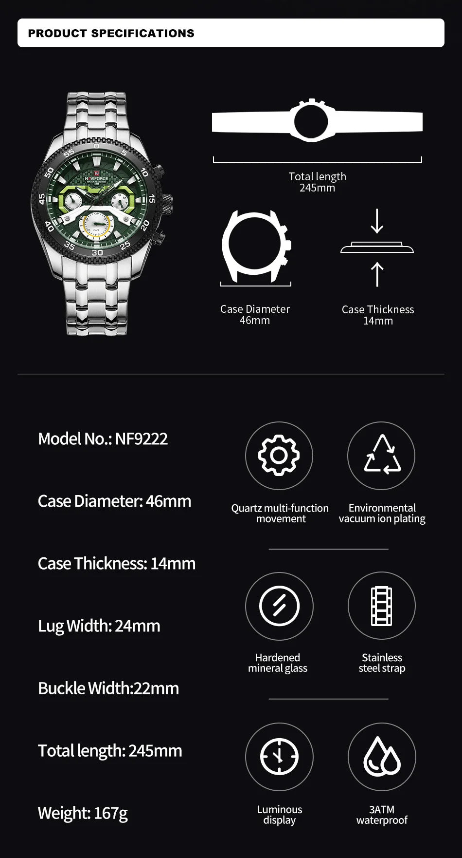 Men Watch Sport Waterproof Quartz Calendar Wristwatch Stainless Steel Strap Lumoinous Watch