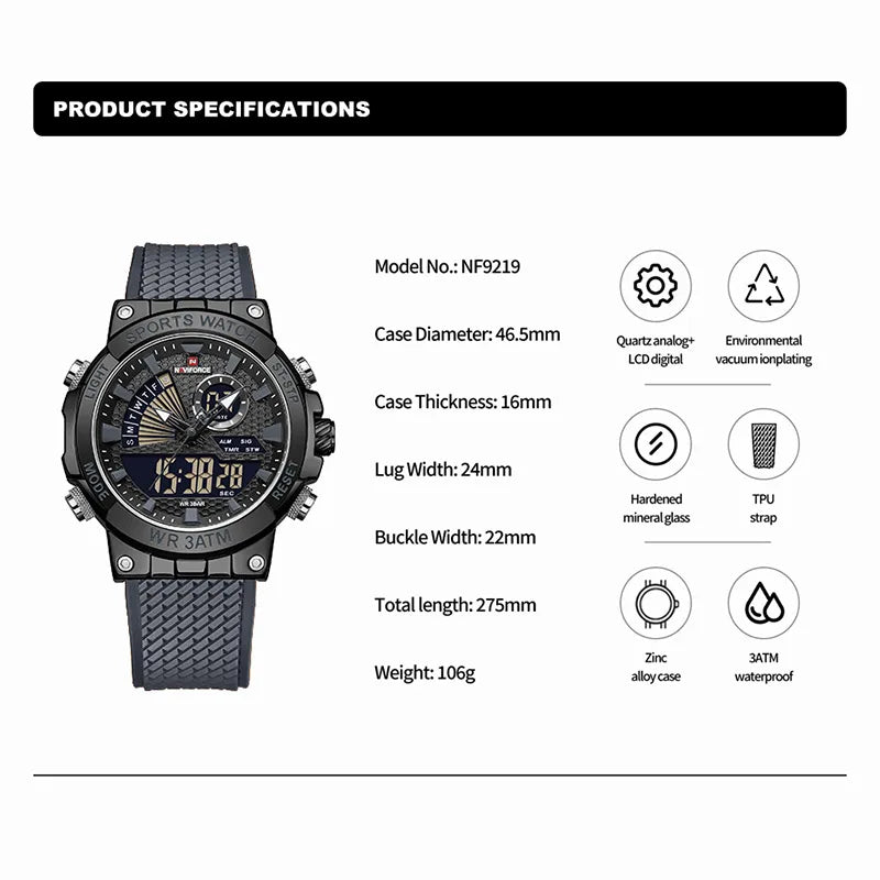 Men's Watch TPU Strap Date and Week Quartz Wristwatches Military Sport Waterproof Digital Luminous Watch