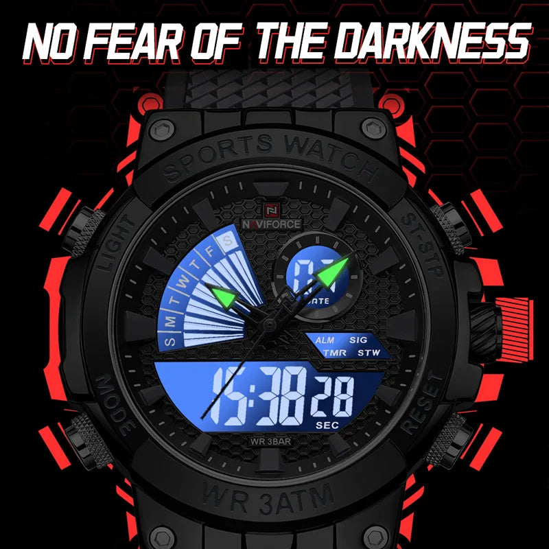 Men's Watch TPU Strap Date and Week Quartz Wristwatches Military Sport Waterproof Digital Luminous Watch