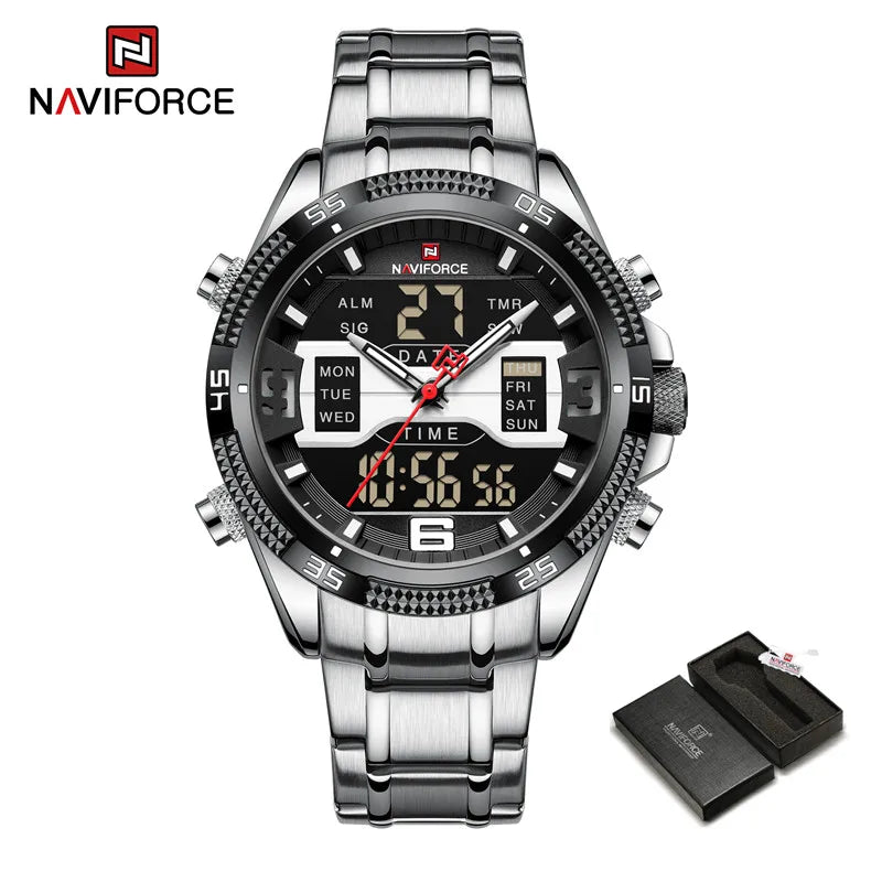 Men Luxury Watches Stainless Steel Casual Sport LCD Display Analog Digital Quartz Wristwatches