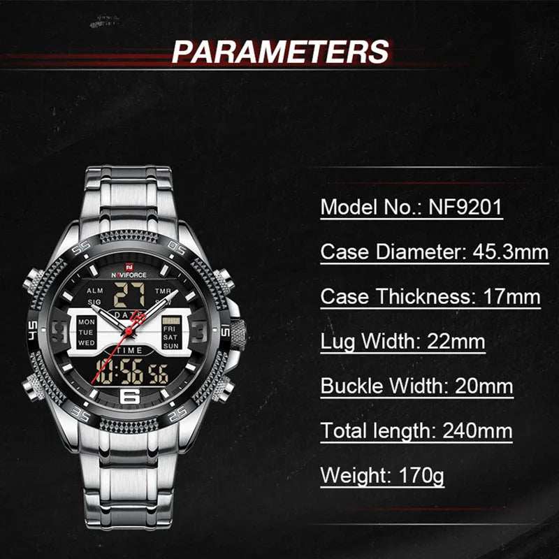 Men Luxury Watches Stainless Steel Casual Sport LCD Display Analog Digital Quartz Wristwatches