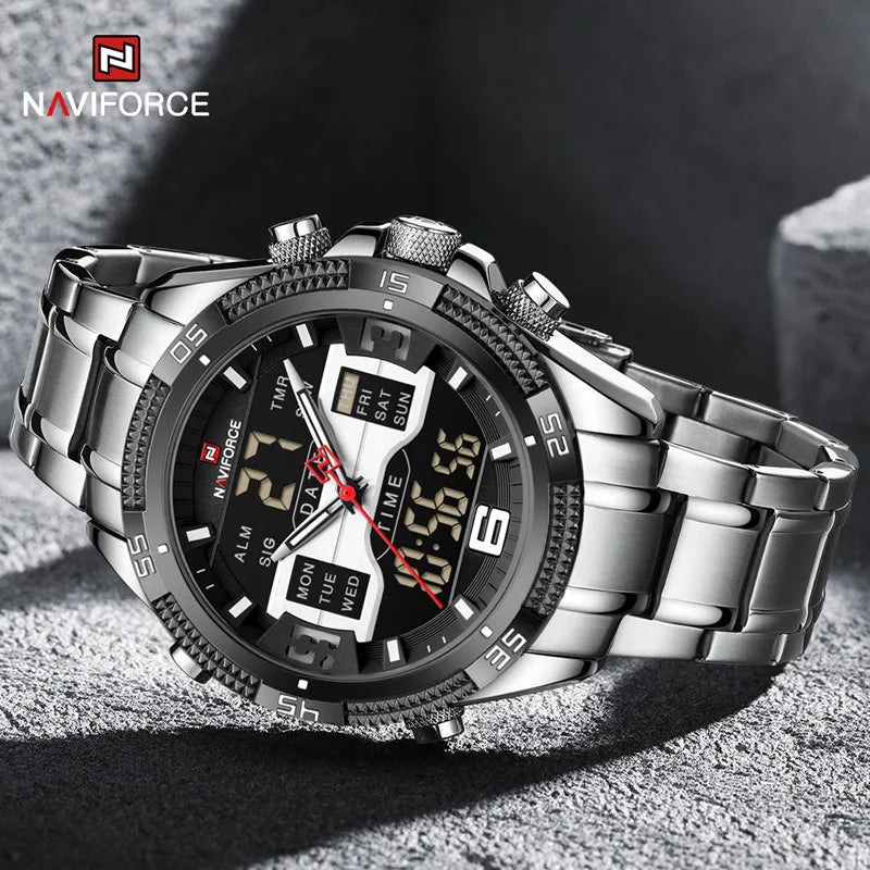 Men Luxury Watches Stainless Steel Casual Sport LCD Display Analog Digital Quartz Wristwatches