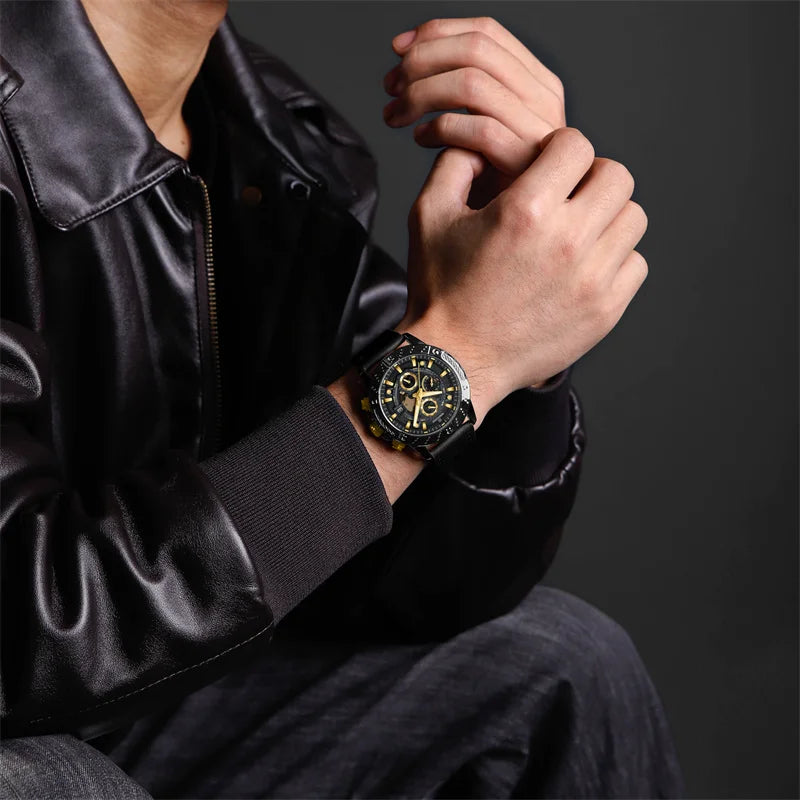 Men's Watch Waterproof Leather Strap Luminous Chronograph Calendar Quartz Wristwatch