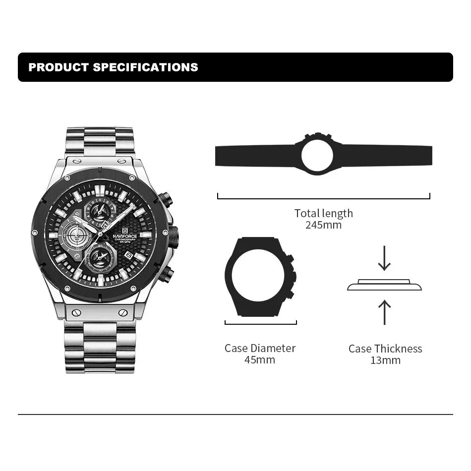 Men's Watches Stainless Steel Strap Fashion Casual Chronograph Waterproof Quartz Wristwatch