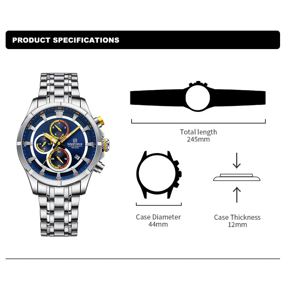 Fashion Men's Watch Waterproof Stainless Steel Strap Luminous Date Chronograph Quartz Wristwatches