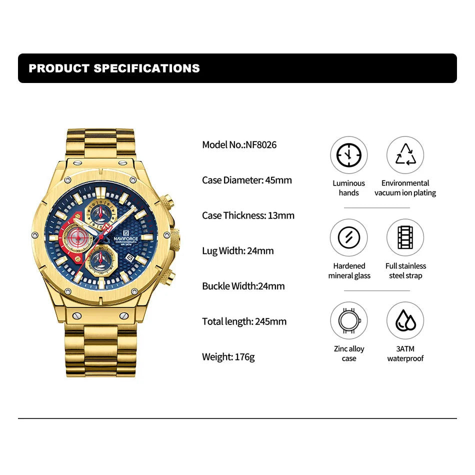 Fashion Watch For Men Waterproof Stainless Steel Sports Multi function Quartz Wristwatches