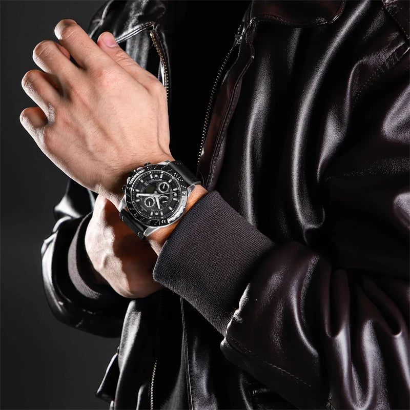 Men's Watch Leather Band Sport Chronograph Quartz Wristwatch Waterproof Luminous Calendar Watch