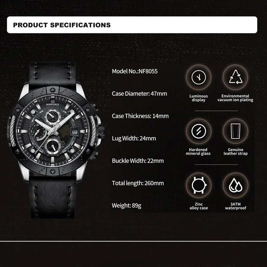 Men's Watch Leather Band Sport Chronograph Quartz Wristwatch Waterproof Luminous Calendar Watch