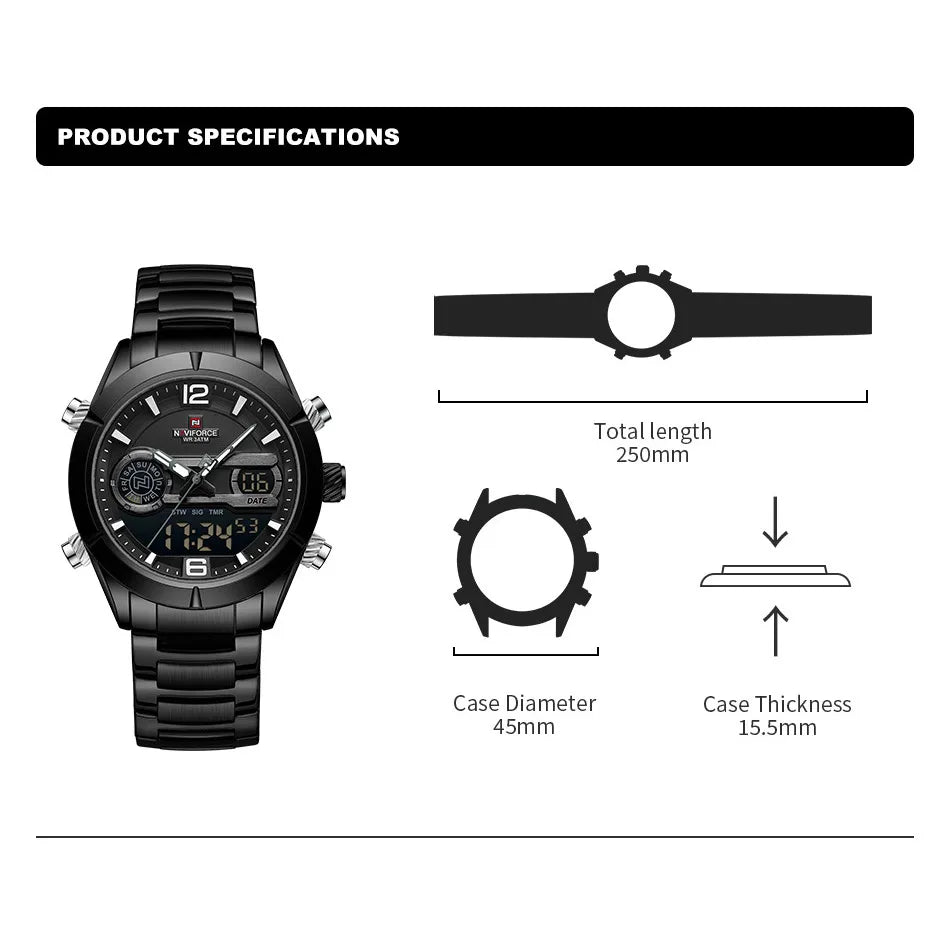 Men's Watches  LCD Display Chronograph Quartz Wristwatches Luminous Waterproof Sport Watch