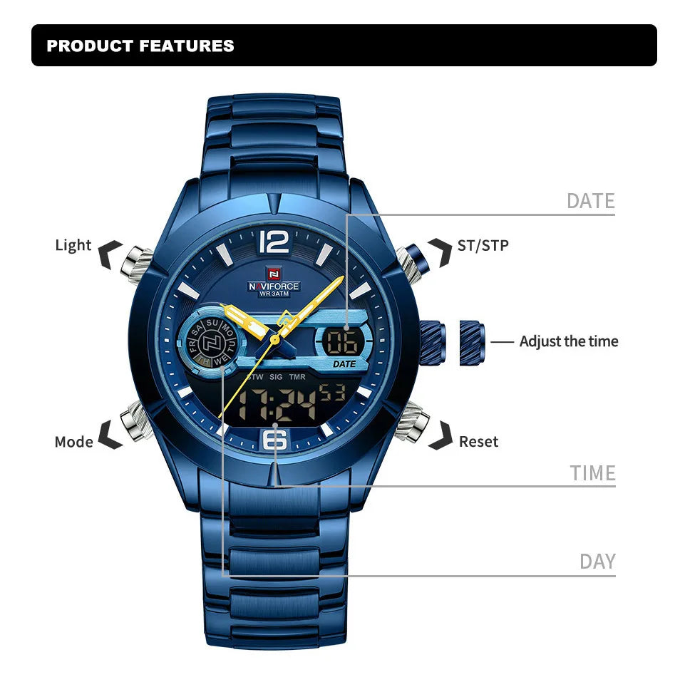 Watch For Men  Waterproof Sport Calendar Quartz Wristwatches Dual Display Chronograph Watch