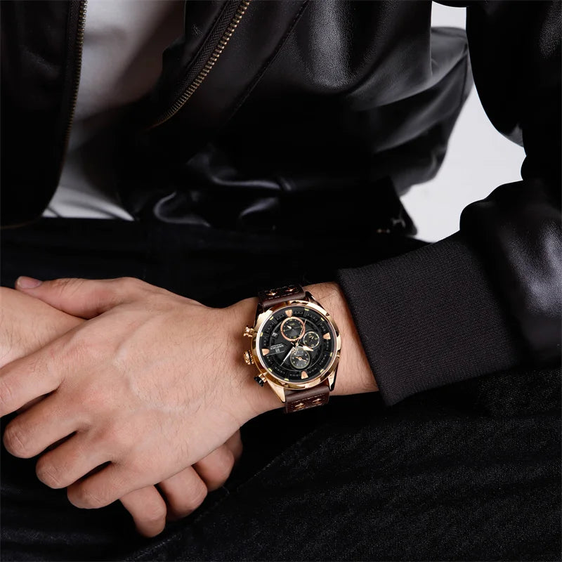 Fashion Watches For Men Leather Strap Waterproof Luminous Men Casual Chronograph Quartz Wristwatch