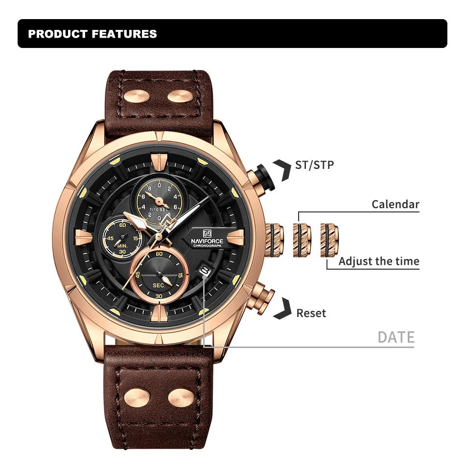 Fashion Watches For Men Leather Strap Waterproof Luminous Men Casual Chronograph Quartz Wristwatch