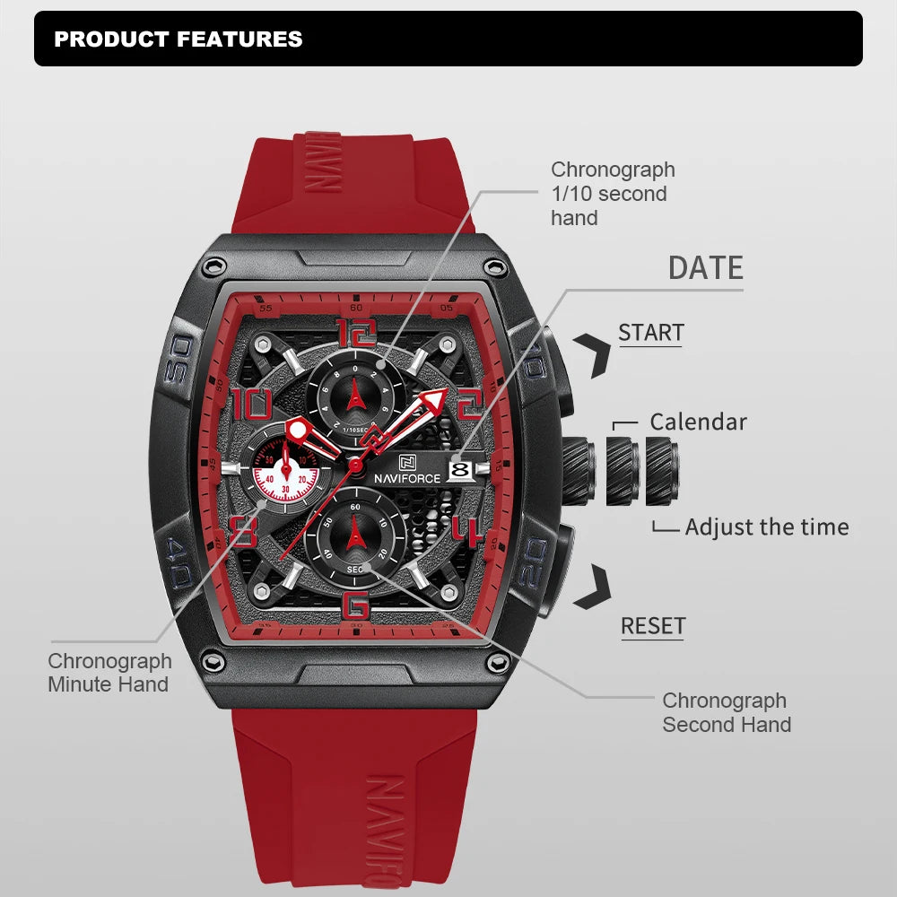 Men Red Large Dial Quartz Calendar Watch Men Military Sport Wrist Watches Multi-function Silicone Strap Watch