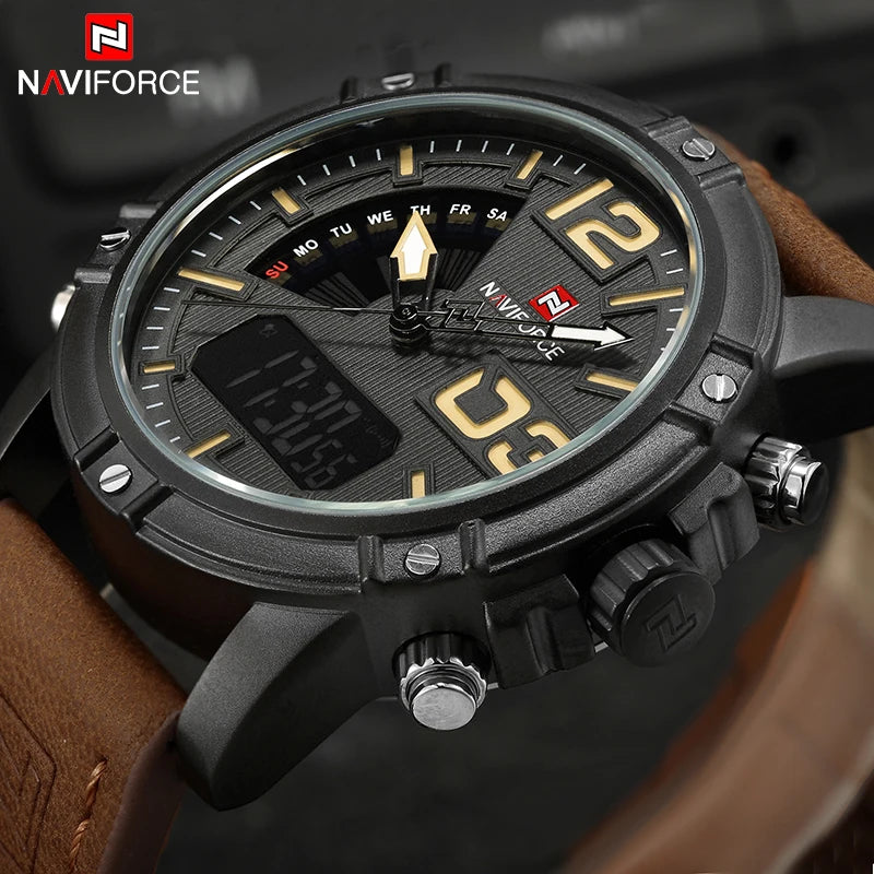 Men's Sport Watches Men Dual Display LED Digital Waterproof Leather Strap Quartz Military Watch Man Watch