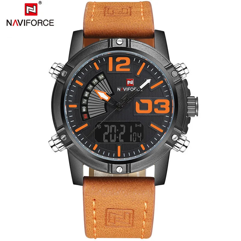 Men's Sport Watches Men Dual Display LED Digital Waterproof Leather Strap Quartz Military Watch Man Watch