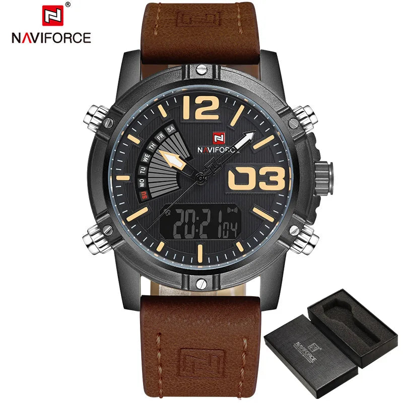 Men's Sport Watches Men Dual Display LED Digital Waterproof Leather Strap Quartz Military Watch Man Watch