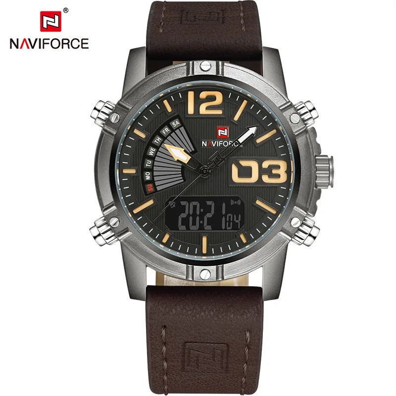 Men's Sport Watches Men Dual Display LED Digital Waterproof Leather Strap Quartz Military Watch Man Watch