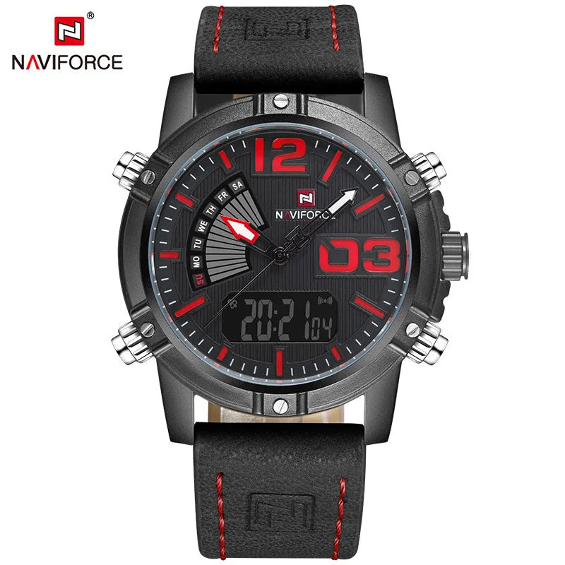 Men's Sport Watches Men Dual Display LED Digital Waterproof Leather Strap Quartz Military Watch Man Watch