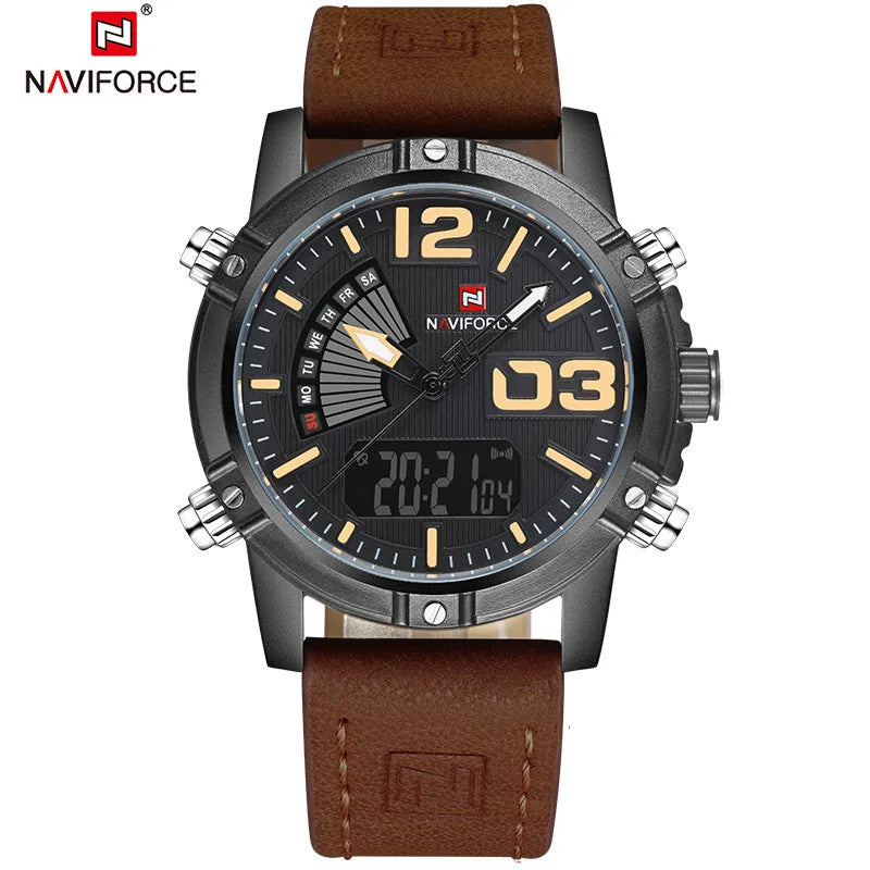 Men's Sport Watches Men Dual Display LED Digital Waterproof Leather Strap Quartz Military Watch Man Watch