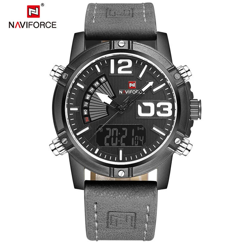 Men's Sport Watches Men Dual Display LED Digital Waterproof Leather Strap Quartz Military Watch Man Watch