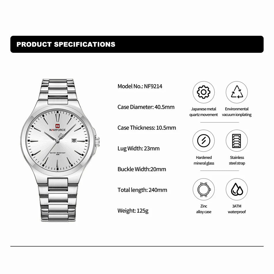 Luxury Fashion Men's Watches Stainless Steel Strap Business Waterproof Date Quartz Wristwatch