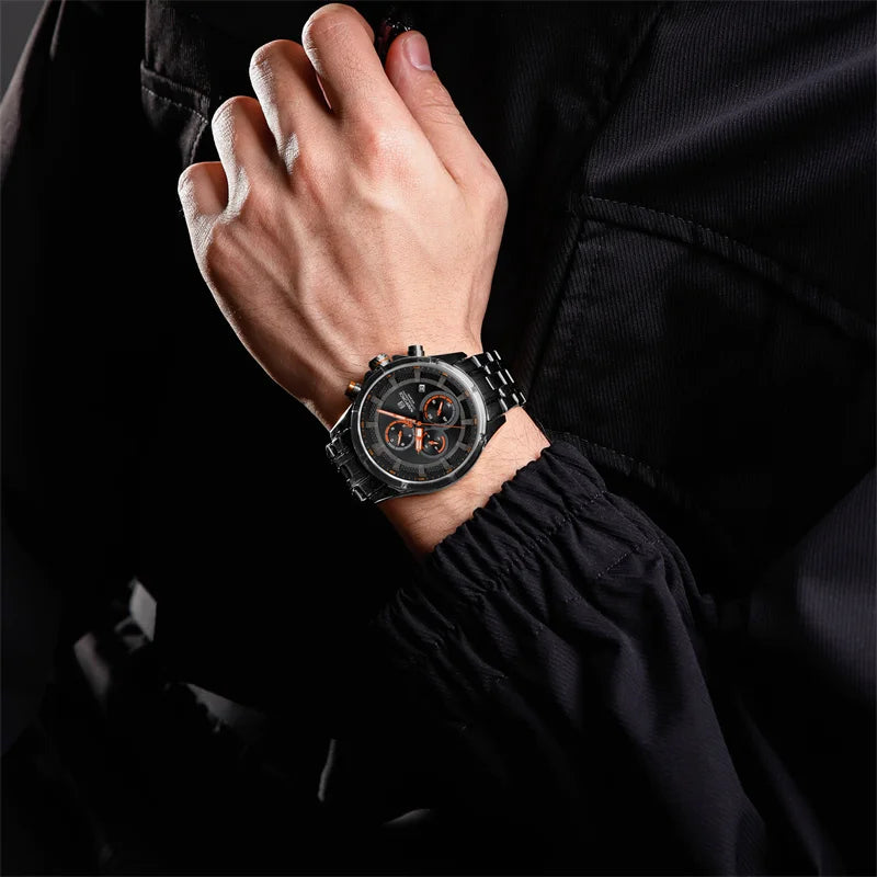 Men Watch Waterproof Luminous Sport Stainless Steel Strap Date Quartz Wristwatch Chronograph Watch