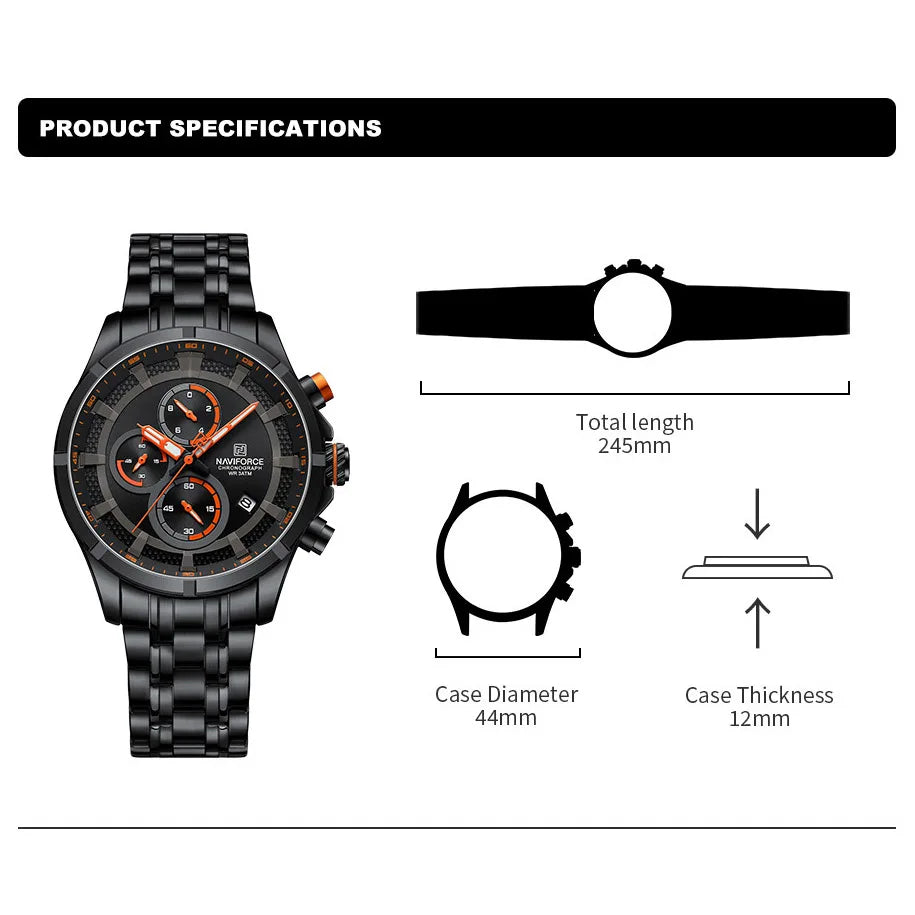 Men Watch Waterproof Luminous Sport Stainless Steel Strap Date Quartz Wristwatch Chronograph Watch