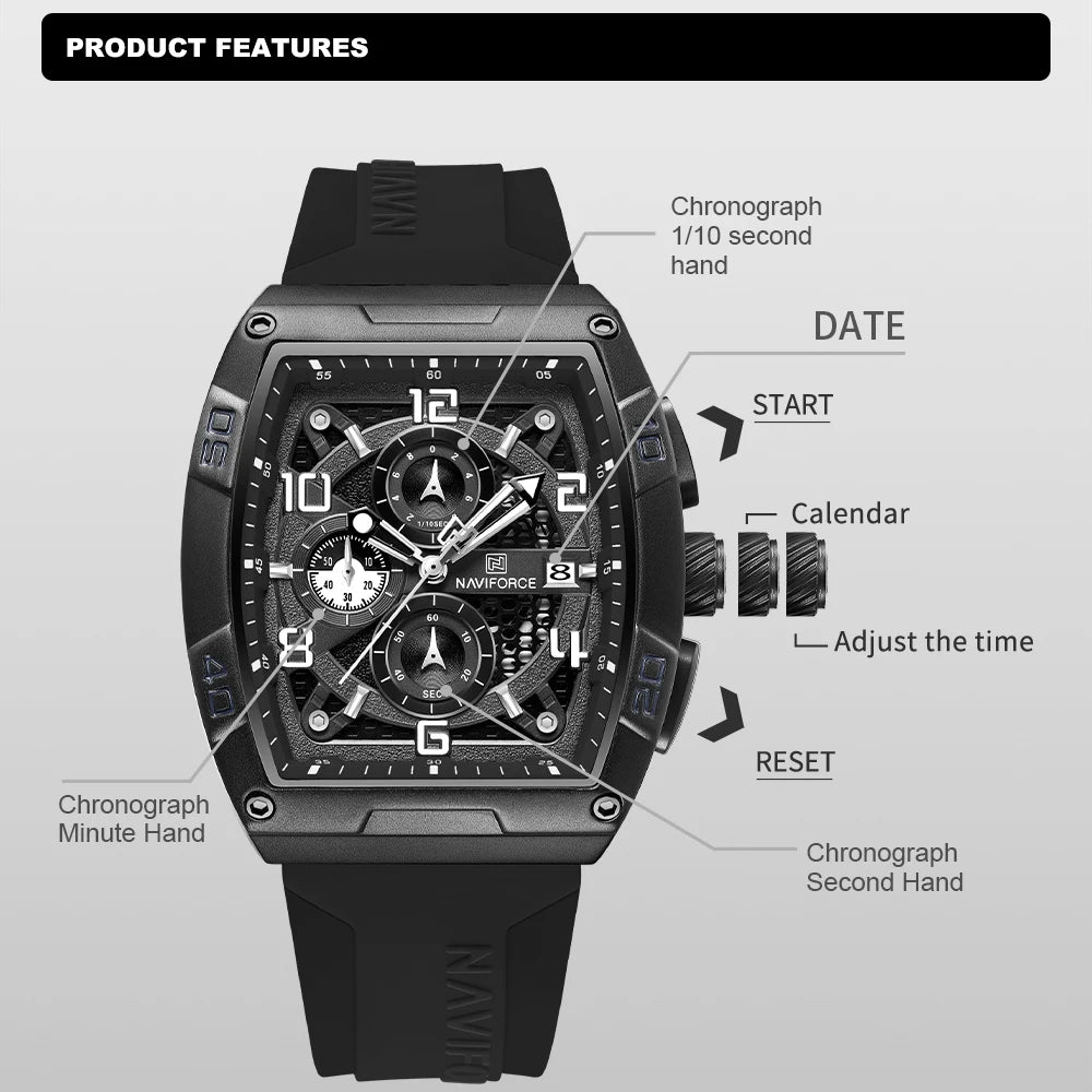 Men High End Black Quartz Calendar Watch Men Military Casual Wrist Watch Multi-function Large Dial Waterproof PU Watch