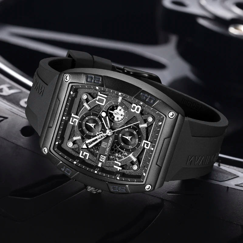 Men High End Black Quartz Calendar Watch Men Military Casual Wrist Watch Multi-function Large Dial Waterproof PU Watch