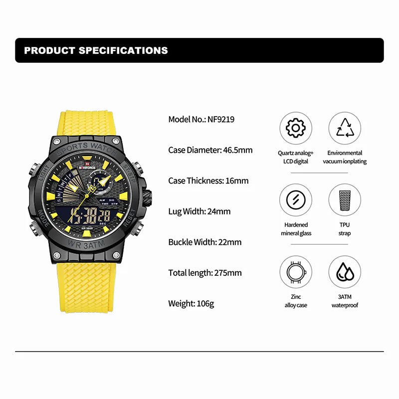 Men Luxury Watch Digital Sport Chronograph Calendar Quartz Wristwatch Dual Time Luminous Waterproof Watch