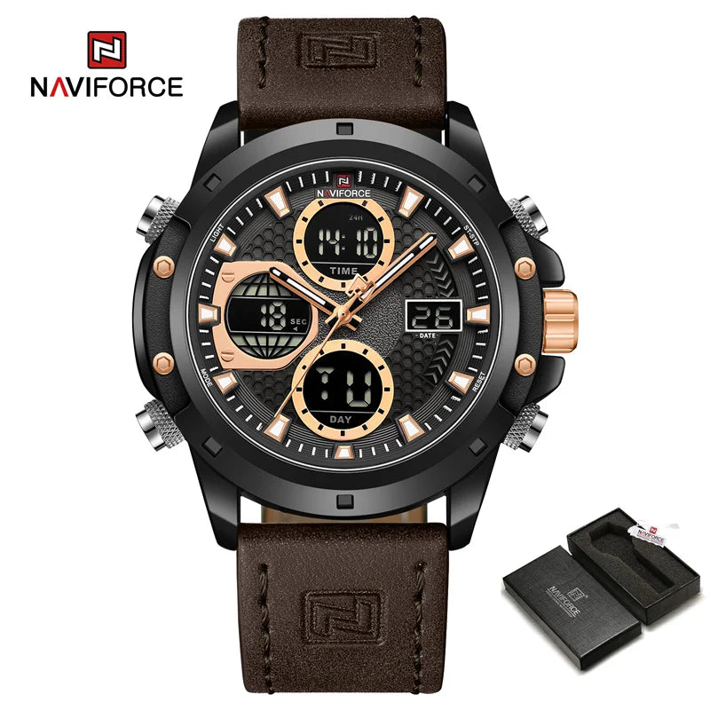 Men Sport Watch Fashion Genuine Leather Strap Dual Display Wristwatch Waterproof Chronograph Alarm Watch