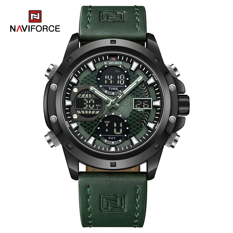 Men Sport Watch Fashion Genuine Leather Strap Dual Display Wristwatch Waterproof Chronograph Alarm Watch