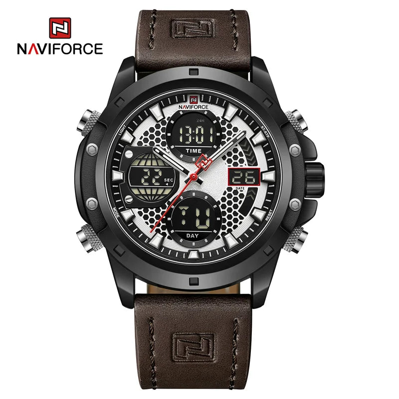 Men Sport Watch Fashion Genuine Leather Strap Dual Display Wristwatch Waterproof Chronograph Alarm Watch