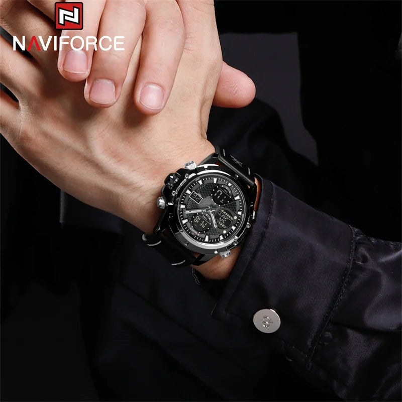 Men Sport Watch Fashion Genuine Leather Strap Dual Display Wristwatch Waterproof Chronograph Alarm Watch