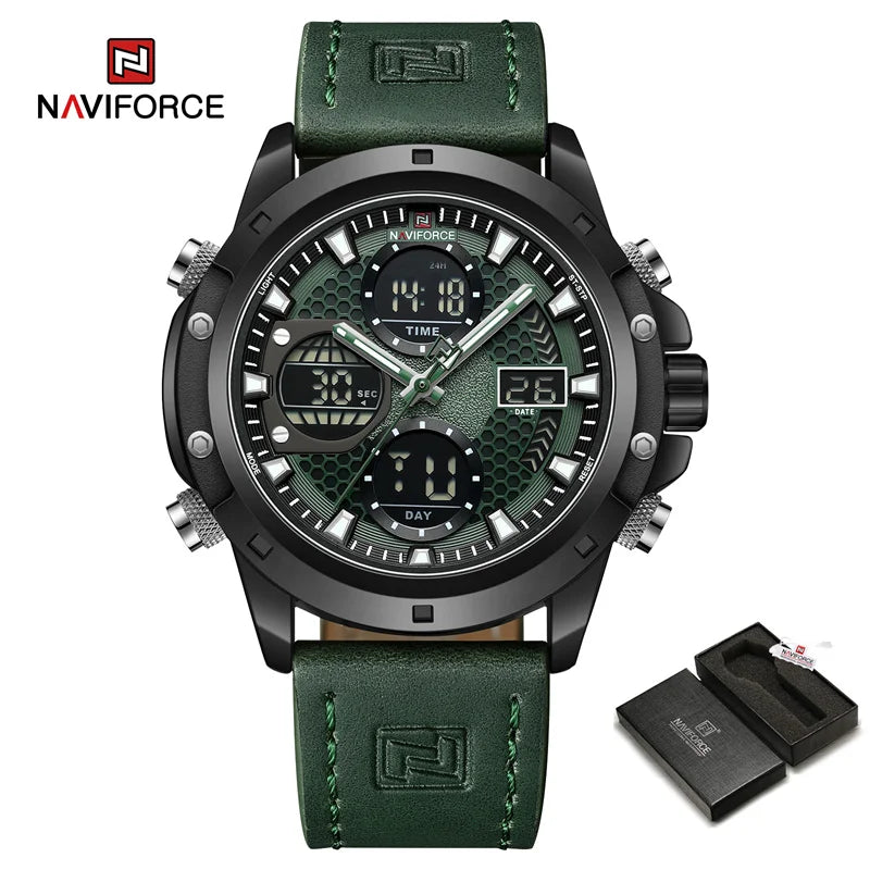 Men Sport Watch Fashion Genuine Leather Strap Dual Display Wristwatch Waterproof Chronograph Alarm Watch