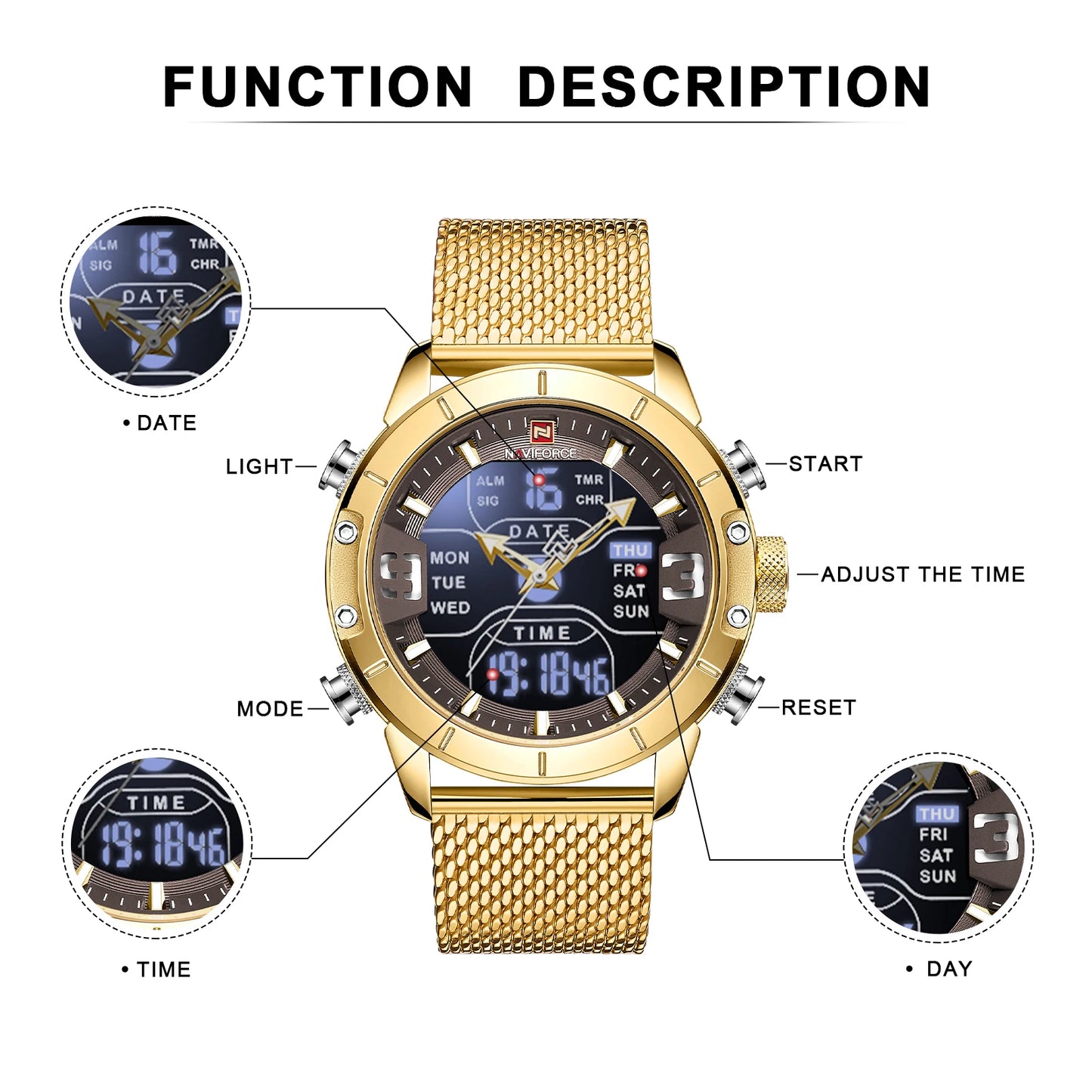 Men Watch TMan Military Sport Quartz Wrist Watches Stainless Steel LED Digital Watch