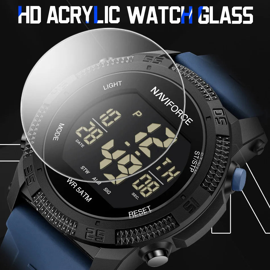 Men's Electronic Watch Fashion 5ATM Waterproof Silicone Strap Calendar Male LCD Digital Wristwatch