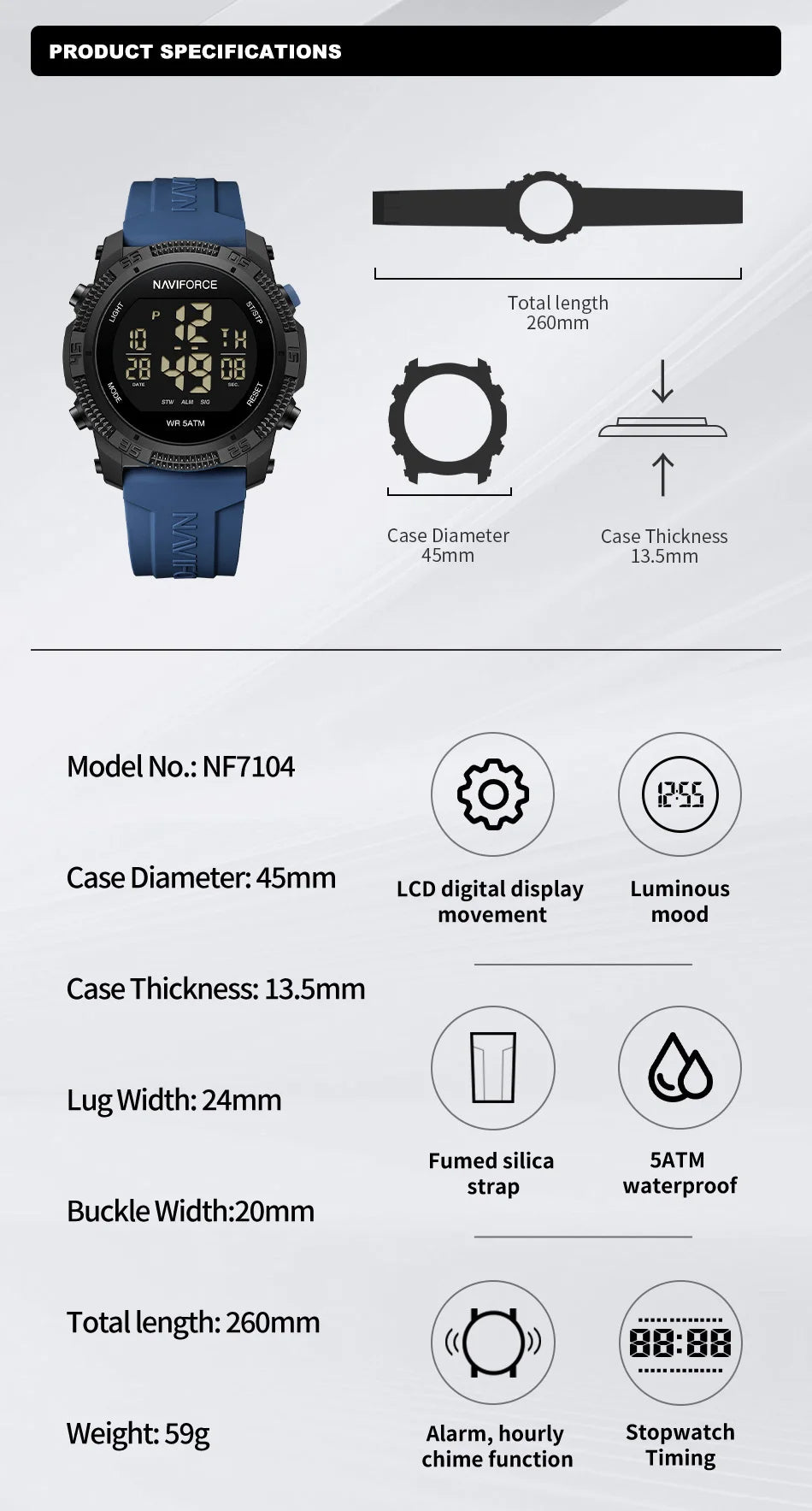 Men's Electronic Watch Fashion 5ATM Waterproof Silicone Strap Calendar Male LCD Digital Wristwatch