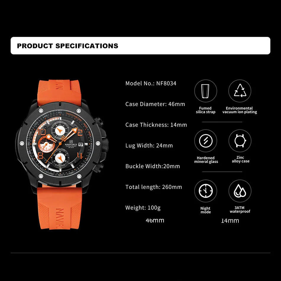 Men's Quartz Watch Sports Waterproof Chronograph Male Wristwatches Business Luminous Date Silicone Strap Watch