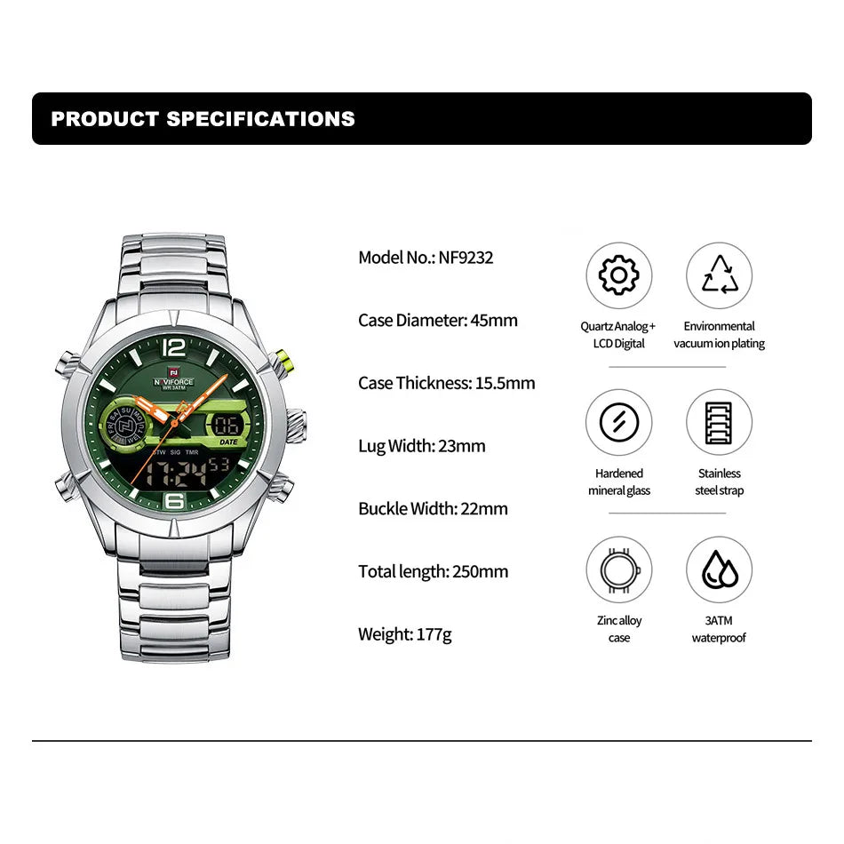 Men's Quartz Watches Sports Digital Men Watch Military Stainless Steel Waterproof Wristwatches