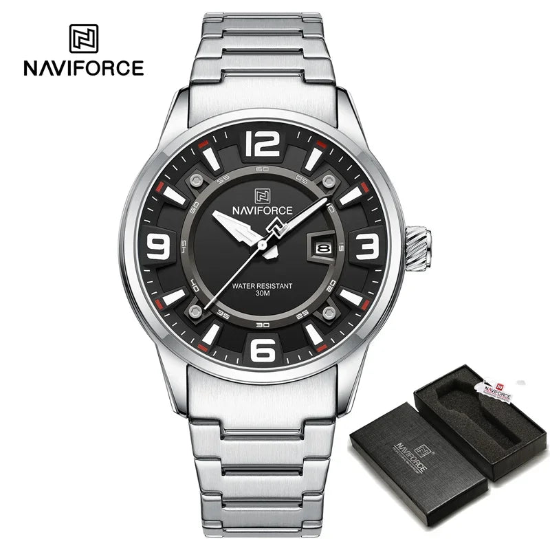 NAVIFORCE New Men's Sport Wristwatches Stainless Steel Strap Date Luxury Waterproof Luminous Male Quartz Watch Reloj Hombre 2024