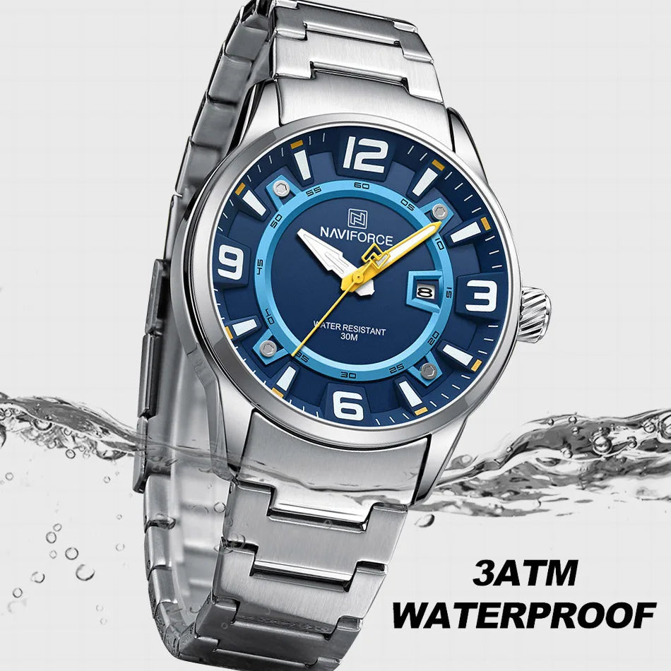 NAVIFORCE New Men's Sport Wristwatches Stainless Steel Strap Date Luxury Waterproof Luminous Male Quartz Watch Reloj Hombre 2024