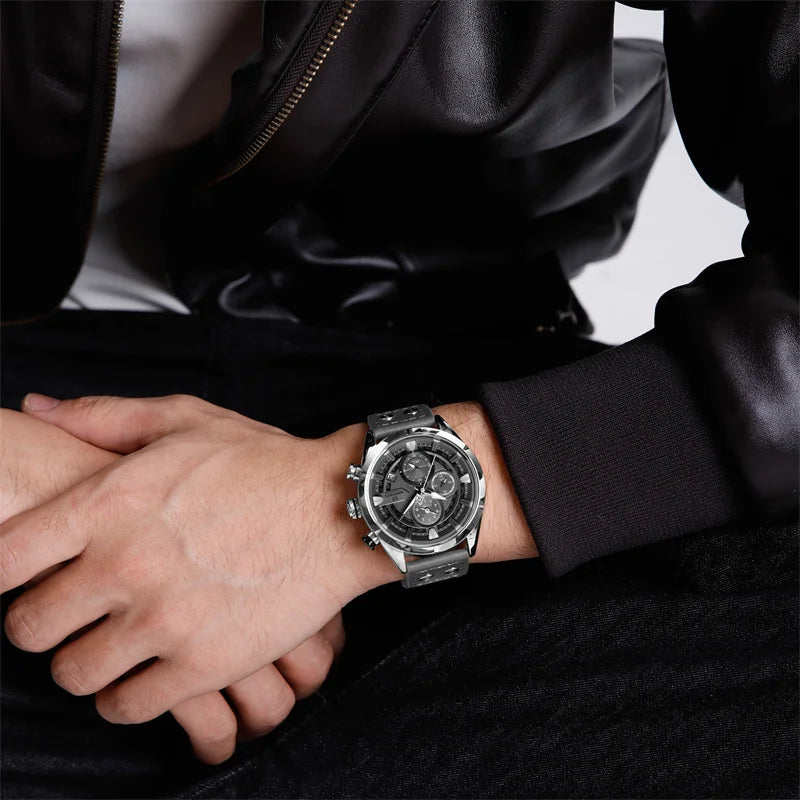 New Watch For Men Sport Leather Strap Luminous Quartz Wristwatch Waterproof Men Chronograph Watch