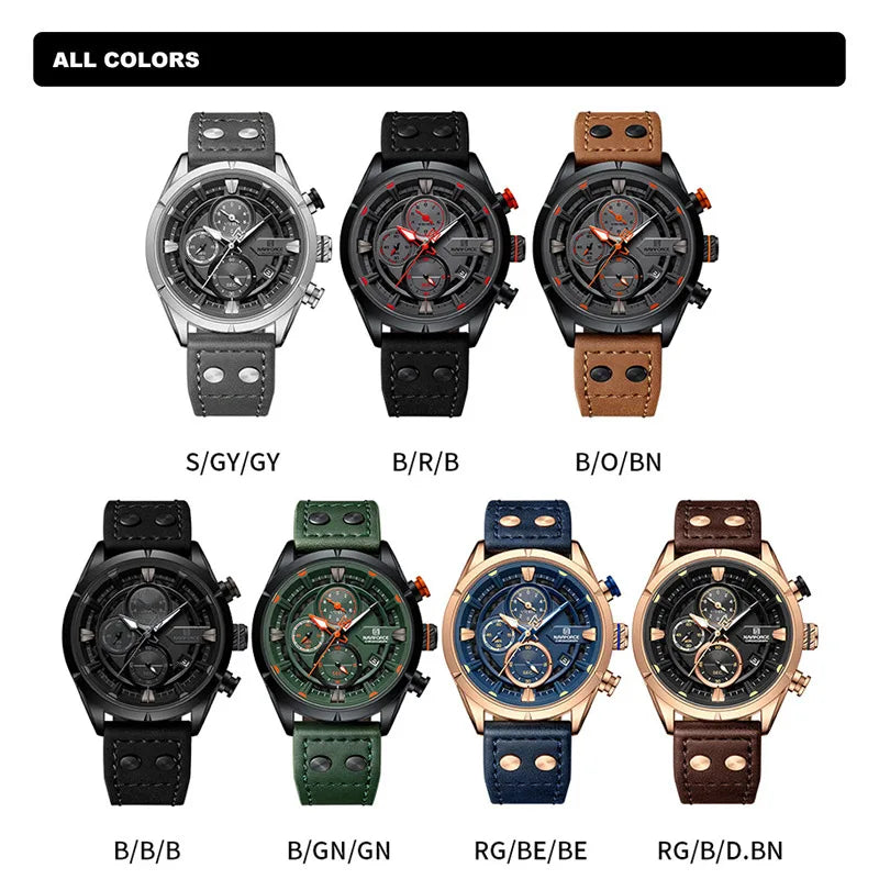 New Watch For Men Sport Leather Strap Luminous Quartz Wristwatch Waterproof Men Chronograph Watch